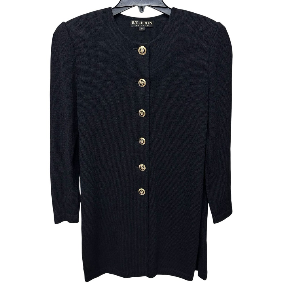 St. John Basics Black Santana Knit Button Down Long Sweater Women's Size Medium
